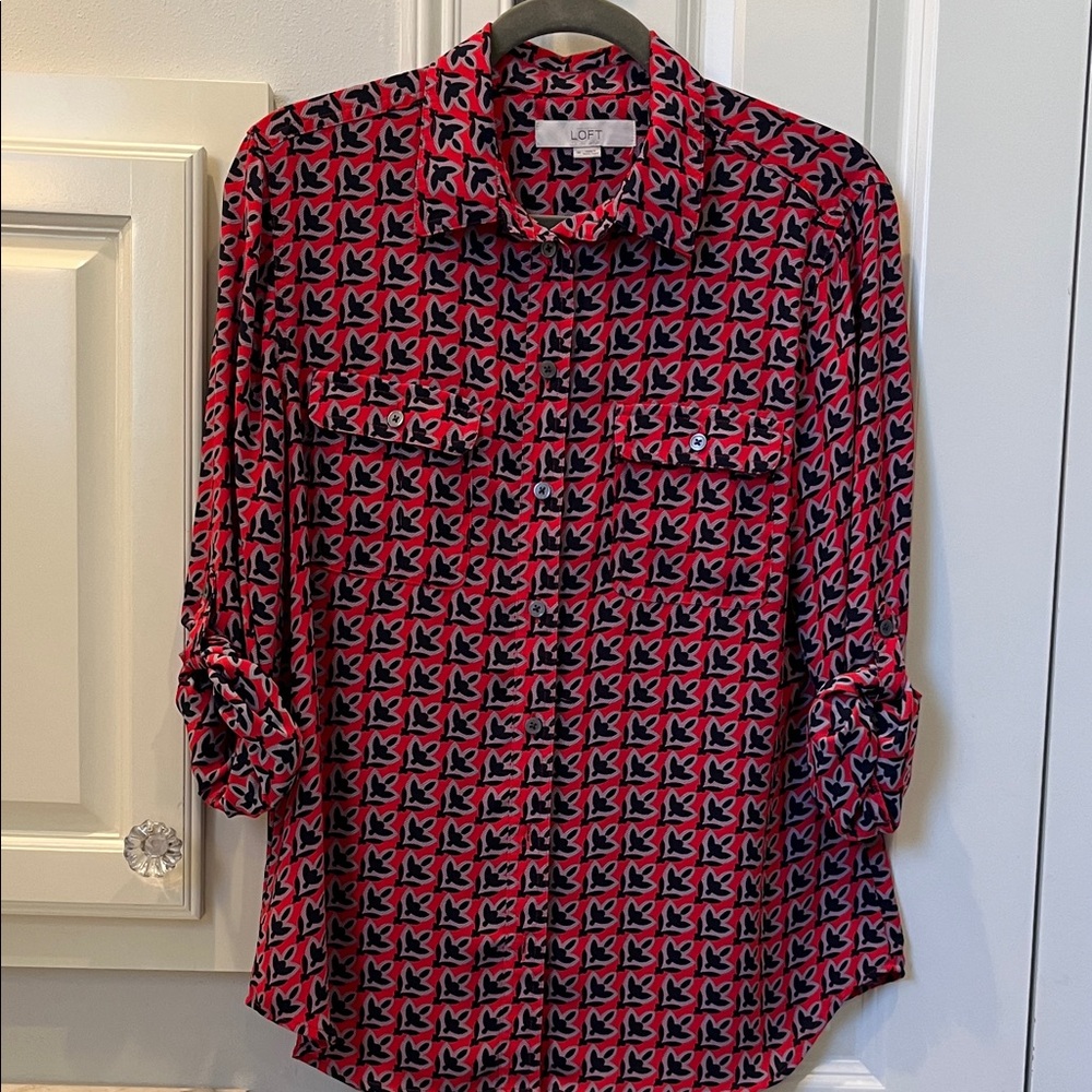 LOFT Red and Black Patterned Blouse